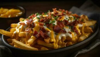 complacer en un gastrónomo insalubre comida con crujiente francés papas fritas generado por ai foto