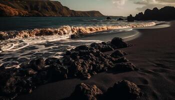 A tranquil seascape at dusk, waves crash on rocky shore generated by AI photo