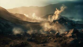 en erupción montaña pico arroja fumar, ceniza, y peligroso llamas generado por ai foto