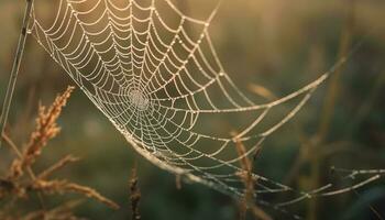 Spinning spider web traps dew drops in autumn forest beauty generated by AI photo
