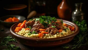 cocido a fuego lento carne de vaca risotto con Fresco tomate y cilantro adornar generado por ai foto