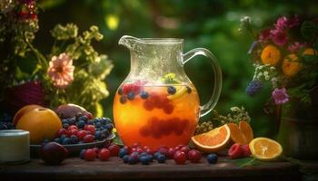 Rustic jug holds fresh organic berry cocktail on wooden table generated by AI photo