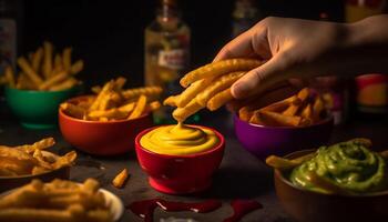 Handmade gourmet guacamole dip with savory spices and crispy fries generated by AI photo