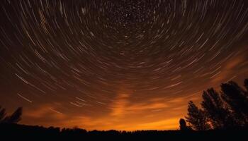 silueta de árbol en contra estrella camino, un tranquilo escena de temor generado por ai foto