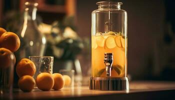A refreshing citrus cocktail on a wooden table at night generated by AI photo