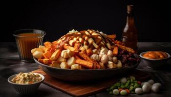 Grilled meat and unhealthy fries, a rustic appetizer variation generated by AI photo