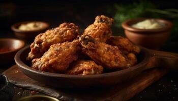 Crunchy buffalo chicken wings, deep fried for unhealthy pub snack generated by AI photo