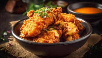 Deep fried chicken leg with savory sauce on rustic table generated by AI photo