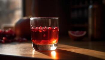 A ripe raspberry drop in a whiskey cocktail on wood generated by AI photo