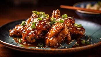 Rustic plate of deep fried chicken wings with savory sauce dip generated by AI photo