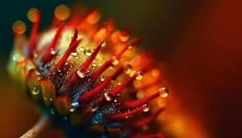 A dewy wildflower, magnified in extreme close up, radiates springtime beauty generated by AI photo