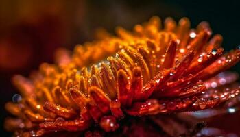 Vibrant yellow petal with dew drop in dark forest background generated by AI photo