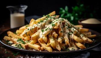 Freshly prepared gourmet meal crispy French fries, baked potato, and meat generated by AI photo