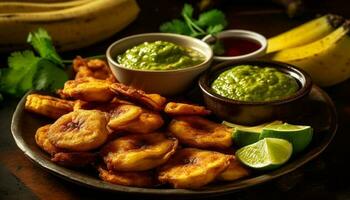 A gourmet guacamole dip with fresh cilantro and spicy lime generated by AI photo