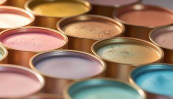 A multi colored make up collection in a shiny metal container generated by AI photo