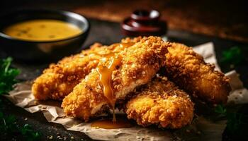 Crunchy deep fried chicken with savory sauce, perfect pub appetizer generated by AI photo