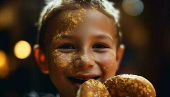 Cute child indulges in sweet treats at outdoor winter festival generated by AI photo