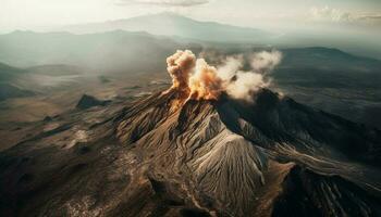 Erupting volcano spews smoke and ash, damaging environment and beauty generated by AI photo