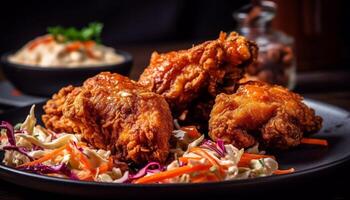 Grilled chicken leg and wing with spicy buffalo sauce dip generated by AI photo