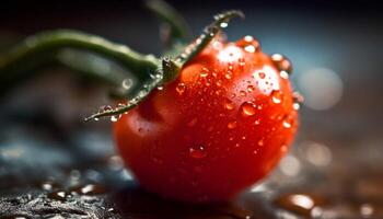 Ripe tomato glistening with dew, perfect for healthy eating generated by AI photo