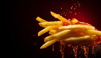 Crunchy golden fries, deep fried to perfection in fast food restaurant generated by AI photo