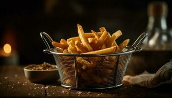 crujiente gastrónomo francés papas fritas, profundo frito a perfección en calor generado por ai foto