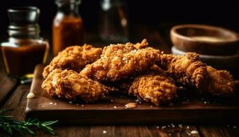 Rustic pub food Deep fried chicken wings with savory dip generated by AI photo
