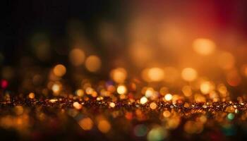 Shiny gold decorations illuminate the defocused winter backdrop with elegance generated by AI photo