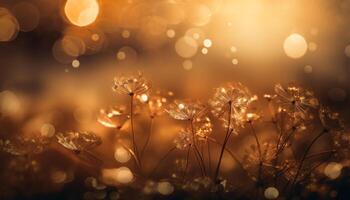 Soft yellow wildflower glows in defocused sunset meadow background generated by AI photo