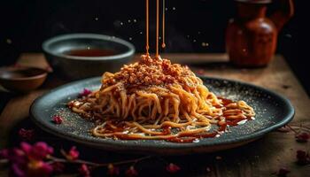 Homemade bolognese sauce with fresh pasta, meat, and vegetables generated by AI photo