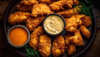 Deep fried buffalo chicken wings with savory dip and salad generated by AI photo