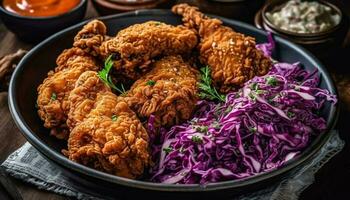 Deep fried chicken wings with savory sauce and homemade coleslaw generated by AI photo