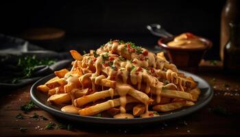 Healthy homemade baked fries with spicy vegetable stack and grilled pork generated by AI photo