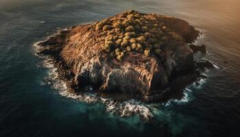 Aerial view captures stunning sunset over Bali rocky coastline generated by AI photo