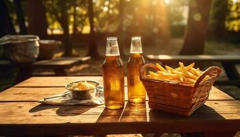 Fresh beer and grilled meal on picnic table in nature generated by AI photo