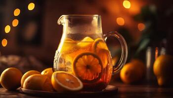 A refreshing citrus cocktail on a rustic wooden table, perfect summer drink generated by AI photo