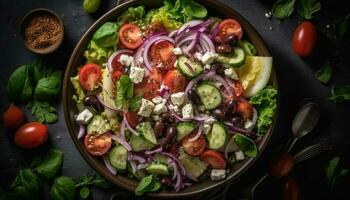 A gourmet appetizer plate with organic vegetables and mozzarella slice generated by AI photo