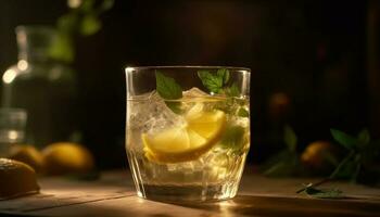 A refreshing lemon mojito cocktail on a rustic wooden table generated by AI photo