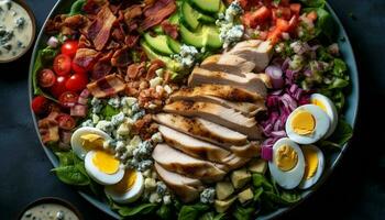 Grilled pork fillet and chicken breast on a healthy plate generated by AI photo