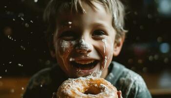 One boy only, playing outdoors, drops donut, mischief ensues generated by AI photo