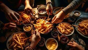 Friends enjoy social gathering at pub, eating prepared potato snack generated by AI photo