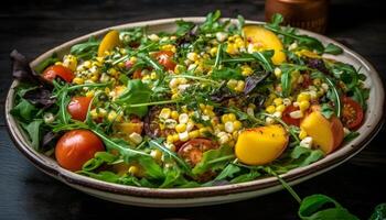 Grilled seafood salad with cherry tomatoes, herbs, and arugula appetizer generated by AI photo