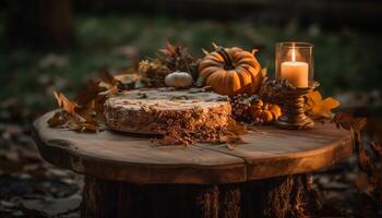 otoño indulgencia hecho en casa calabaza tarta en rústico madera mesa, todavía vida generado por ai foto