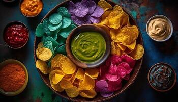 un gastrónomo aperitivo de guacamole inmersión con crujiente tortilla papas fritas generado por ai foto