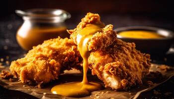 Deep fried chicken leg on a plate with savory sauce dip generated by AI photo