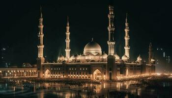 The illuminated minaret of Blue Mosque reflects on the water generated by AI photo