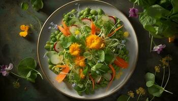 Fresh, healthy salad with organic vegetables on rustic wooden plate generated by AI photo