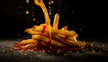 A close up of a plate of deep fried French fries generated by AI photo