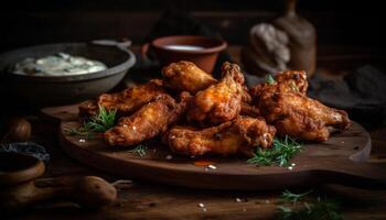 Grilled chicken wings with savory sauce, a gourmet appetizer generated by AI photo