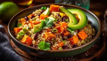 Fresh, healthy salad bowl with quinoa, carrot, and avocado guacamole generated by AI photo